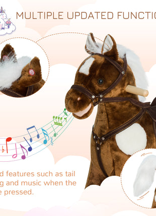 Kids Metal Plush Ride-On Rocking Horse Chair Toy With Nursery Rhyme Music - Dark Brown