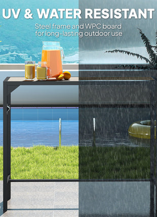 Outdoor Bar Table, Bar Height Patio Bar Table w/ Built-In Bottle Opener, Plastic Top with Wood Grain, 47.25" x 15" x 39"