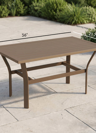 Outdoor Coffee Table with Slatted Tabletop, All-Weather Rectangle Metal Patio Coffee Table for Garden, Brown
