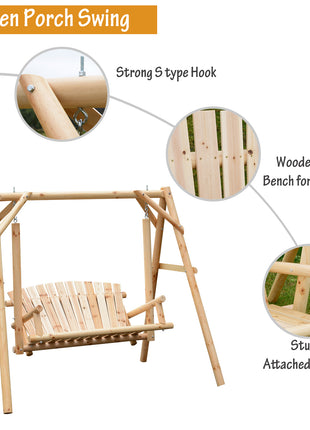 2-Seat Wooden Swing Bench, Ergonomic Design, 'A' Frame Construction, Stable and Non-Slip, Solid Wood Frame Log Garden Swing, for Outdoor and Indoor, Natural Wood