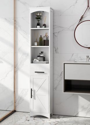 Farmhouse Tall Slim Bathroom Storage Cabinet with Recessed Drawer, Narrow Cabinet with Barn Door, White