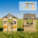 Outdoor Playhouse, Wooden Kids Playhouse with Working Door, Windows, Bench, Service Station, Flower Pot Holder, Cottage Play House for 3-7 Years Old Pretend Play, Natural