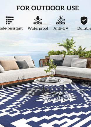 Reversible Outdoor Rug, Waterproof Plastic Straw with Carry Bag, 9' x 18', Blue & White Square Patchwork