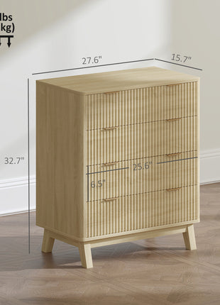 4 Drawer Double Dresser for Bedroom, Fluted Chest of Drawers with Gold Finger Pulls and 4 Wood Legs, Natural Wood