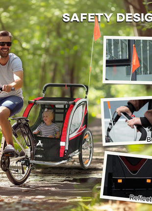 2-in-1 Walk/Ride Child Baby Bike Trailer for Kids 2 Seater, High-Visibility Bike Stroller for Toddler Wagon, Weather-Strong Double Bicycle Trailer Accessory, Red