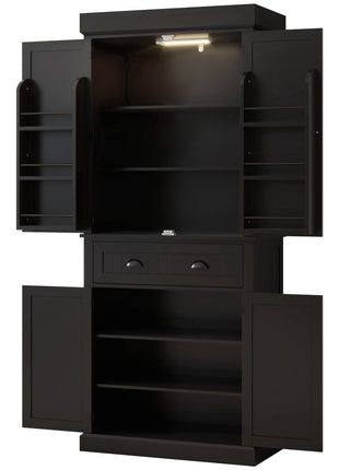 71" Kitchen Pantry Cabinet with LED Lights, 6 Door Shelves, a Drawer and 4 Adjustable Shelves, Black
