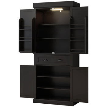 71" Kitchen Pantry Cabinet with LED Lights, 6 Door Shelves, a Drawer and 4 Adjustable Shelves, Black