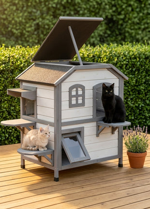 Wooden 2-Story Outdoor Cat House, Feral Cat Shelter Kitten Condo with Openable Asphalt Roof and 4 Platforms, White