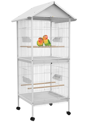 Wrought Metal Bird Cage Feeder with Rolling Stand Perches Food Containers Doors Wheels 67" H, White