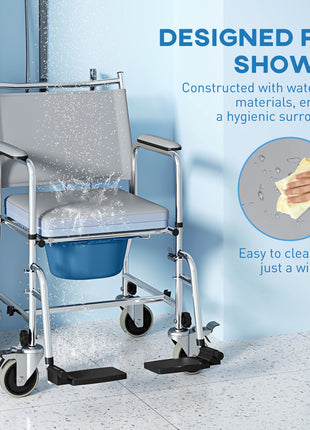 Rolling Shower Chair, Bedside Commode Wheelchair with Padded Seat, Backrest, for Seniors, Disabled, 300 lbs, Gray