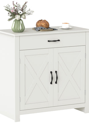 Farmhouse Sideboard Cabinet with Barn Doors Kitchen Buffet Cabinet with Drawer and Adjustable Shelf Stone White Wash