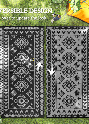 Reversible Outdoor Rug, Waterproof Plastic Straw with Carry Bag, 9' x 18', Black & Gray Rhombus Patchwork