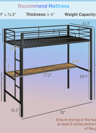 Twin Size Loft Bed with Desk, LED Lights, Charging Station, Twin Metal Loft Bed Frame with Ladder, Black