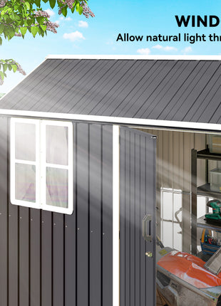 8' x 6' Metal Garden Storage Shed, Extra Large Outdoor Tool Storage House w/ Doors, Window and Air Vents, Dark Gray