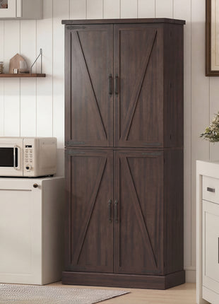 72" Tall Kitchen Pantry Cabinet, Farmhouse Storage Cabinet with 8 Door Racks and Adjustable Shelves, Distressed Brown