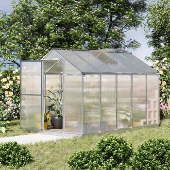 10' L x 6' W Walk-In Polycarbonate Greenhouse with Roof Vent for Ventilation & Rain Gutter for Winter