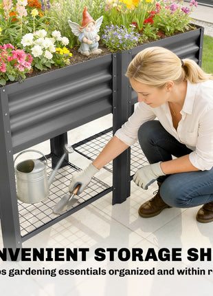 Raised Garden Bed Galvanized Steel, Elevated Planter Box with Storage Shelf, Bed Liner, 31.5" High, Dark Gray