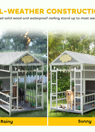 79"L Large Dog House Outdoor, Wooden Dog Kennel with Porch, Storage Cabinet,Weatherproof Roof, Windows