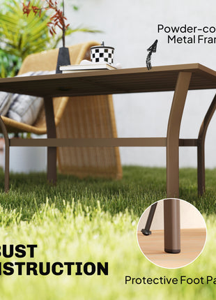 Outdoor Coffee Table with Slatted Tabletop, All-Weather Rectangle Metal Patio Coffee Table for Garden, Brown