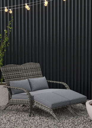Wicker Adirondack Chair for 2 with Cushions & Footrests, PE Rattan Double Chaise Lounge Chair, Fire Pit Chair for Porch with High-back, Wide Armrests, Mixed Gray