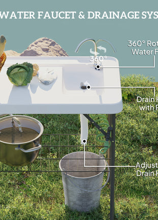 Folding Fish Cleaning Table with Sink, Portable Camping Table with Faucet, Drainage Hose, Sprayer and Shelf, White