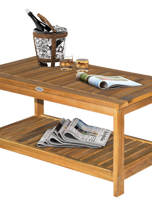 36" Outdoor Coffee Table 2-Shelf Acacia Wood Rectangular Buffet Storage Organizer Natural Finish Teak Patio, Deck, Lawn, Garden