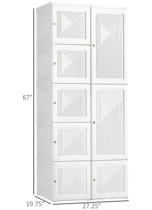 Portable Wardrobe Closet, Folding Bedroom Armoire, Clothes Storage Organizer with Cube Compartments, Hanging Rod, Magnet Doors, White