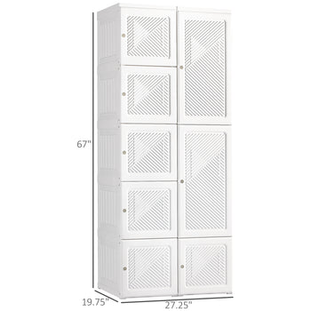 Portable Wardrobe Closet, Folding Bedroom Armoire, Clothes Storage Organizer with Cube Compartments, Hanging Rod, Magnet Doors, White