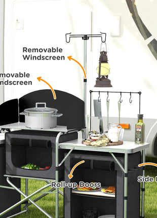 Aluminum Camping Kitchen, Portable Folding Camping Table with Fabric Cupboards, Windshield, Bag for BBQ, Picnic, Black