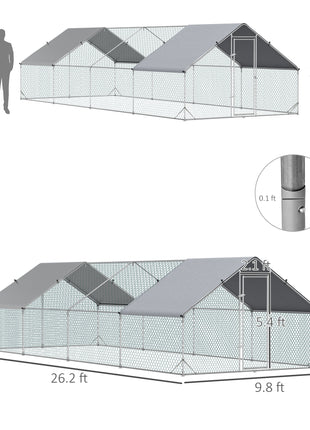 Large Chicken Coop Metal Chicken Run with Waterproof and Anti-UV Cover, Spire Shaped Walk in Fence Cage Hen House for Outdoor and Yard Farm Use, 1" Tube Diameter, 9.8' x 26.2' x 6.6'