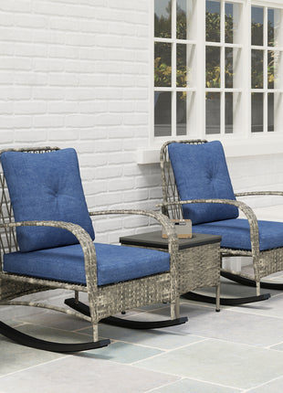 3 Piece Wicker Patio Furniture Set, Outdoor PE Rattan Rocking Chairs with Coffee Table, Cushions for Porch, Gray