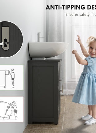 Farmhouse Pedestal Sink Storage Cabinet, Bathroom Sink Cabinet with 2 Barn Doors and Adjustable Shelf, Distressed Black