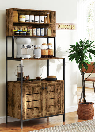 Baker's Rack with Power Outlet and Storage Shelves, Microwave Stand with Louvred Door Cabinets, Rustic Brown