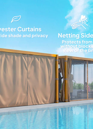 10' x 13' Outdoor Retractable Pergola w/ Sun Shade Louvered Top, Pergola w/ Canopy, Curtains, Netting, Natural Wood
