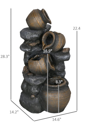 28.3" Solar Water Fountain, 4-Tier Resin Cascading Jars and Stacked Stones Outdoor Waterfall Fountain with LED Lights