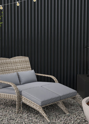 Wicker Adirondack Chair for 2 with Cushions & Footrests, PE Rattan Double Chaise Lounge Chair, Fire Pit Chair for Porch with Wide Armrests, High-back, Gray