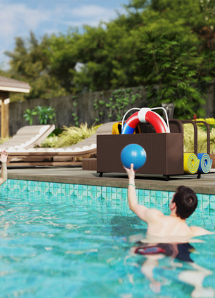 PE Rattan Pool Float Storage Organizer with Wheels, Brown