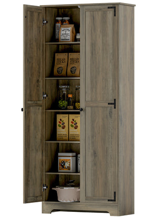 72" Farmhouse Pantry Cabinet, Freestanding Food Pantry Cabinet with Adjustable Shelves, Distressed Gray