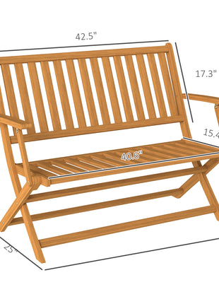 2-Person Foldable Wood Outdoor Bench with Backrest and Armrests for Garden, Porch, Park, Balcony, Teak