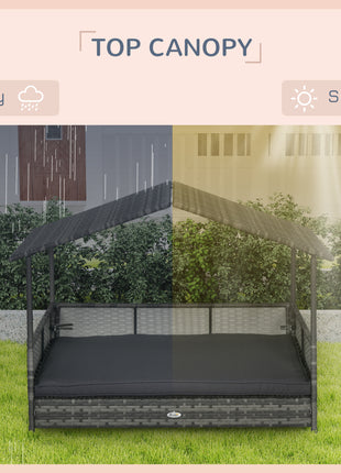Outdoor Dog Bed with Canopy, Rattan Dog Bed with Soft Cushion Removable Cover for Medium and Large Dogs, Dark Gray