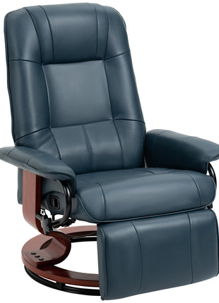 Faux Leather Manual Recliner, Adjustable Swivel Lounge Chair with Footrest, Armrest and Wrapped Wood Base for Living Room, Blue