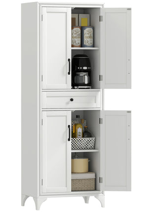 67" 4-Door Kitchen Pantry with Drawer and Adjustable Shelves, White