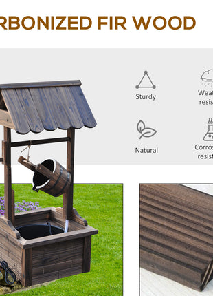 Outdoor Wooden Wishing Well Fountain with Adjustable Water Flow Rate, Rustic Waterfall Fountain, Carbonized Finish