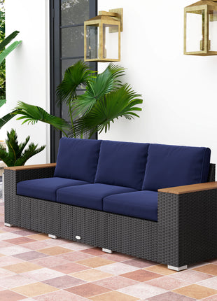 3-Seat Outdoor Patio Sofa, PE Wicker Outdoor Couch with  Extra Wide Deep Seat, Wide Armrests 4" Cushions, Navy Blue