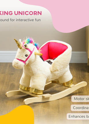 Kids Rocking Horse, Unicorn with Realistic Sound, Safety Belt & Wooden Base for 18-36 Months