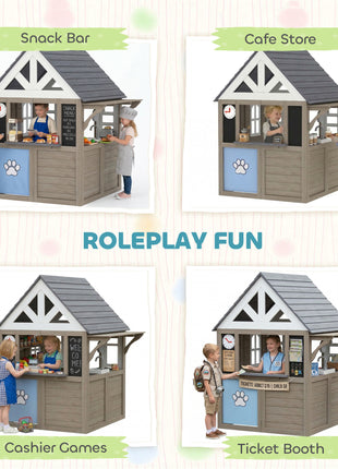 Outdoor Playhouse, Wooden Kids Playhouse with Dog Door, Flower Box, Cookware & Window for Garden Ages 2+, Gray