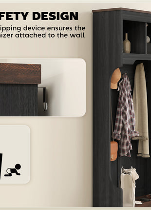 3-in-1 Hall Tree with Shoe Storage, Coat Rack with Bench, Entryway Furniture with Five Hooks, Black Wood Grain