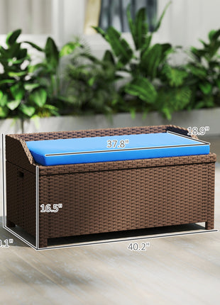 Outdoor Wicker Storage Bench with Storage & Cushion, Blue