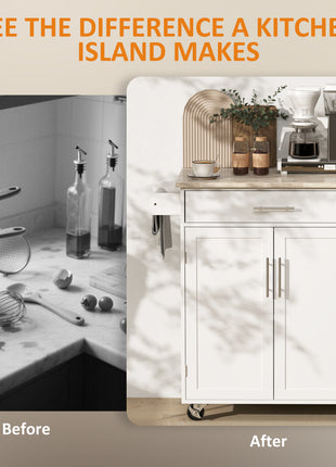 Kitchen Island Cart, Rolling Island Table with Solid Wood Top, Trolley Cart with Drawer, Storage Cabinet & Towel Rack, White