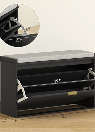 Shoe Storage Bench with Padded Seat Cushion and Flip-Drawer, Entryway Bench, Shoe Cabinet, 31.5x10.2x18.7 Inches, Black